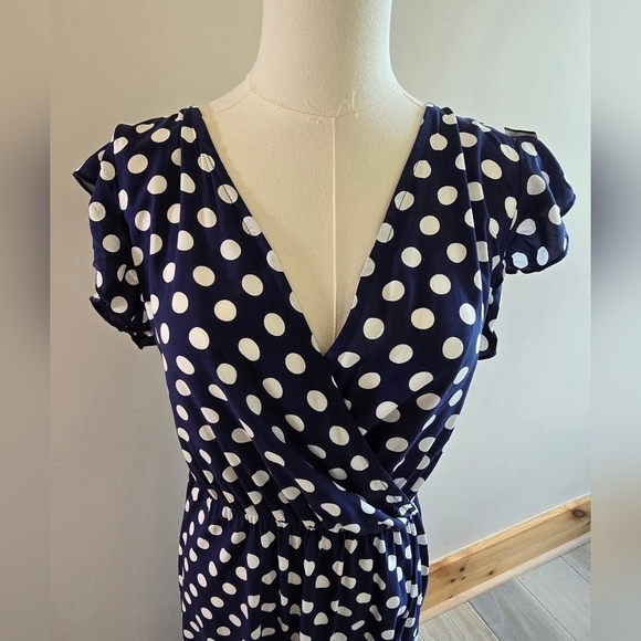 NWT Grecerelle V-Neck Faux Wrap Blue White Polka Dot Dress Ruffle Sleeve Sz. S - Picture 7 of 14